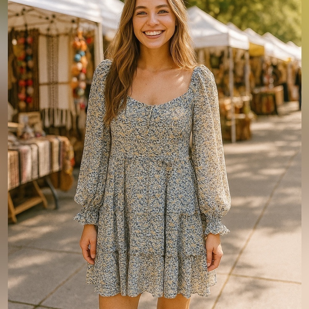 Bohme floral chiffon tiered boho dress sz L fully lined